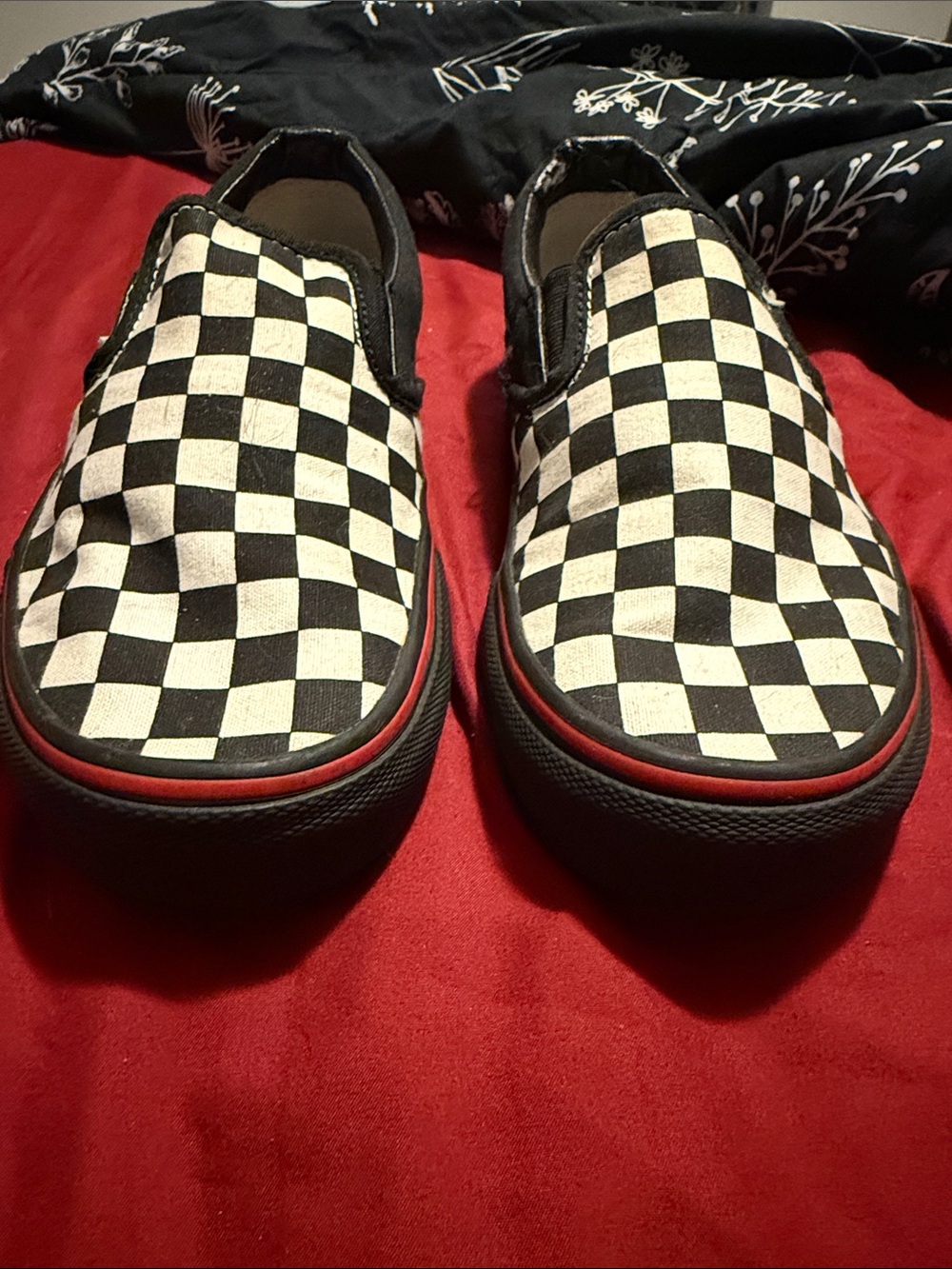 Vans Custom Checkerboard Slip-On Sneakers with Red Trim